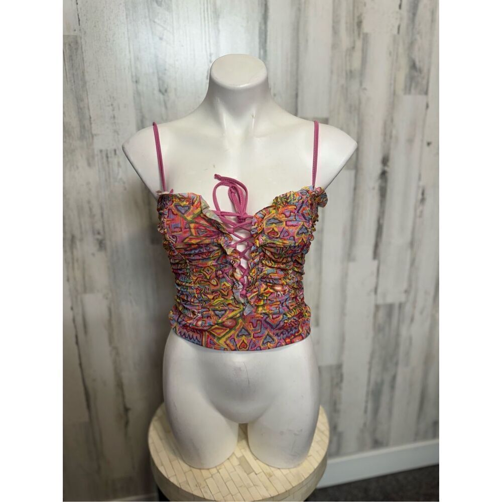 Pink Multicolor Lace-Up Ruched Crop Top
